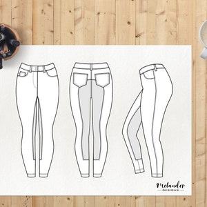 Riding breeches or leggings technical drawing with front, back and side views. 5-pocket jean style.