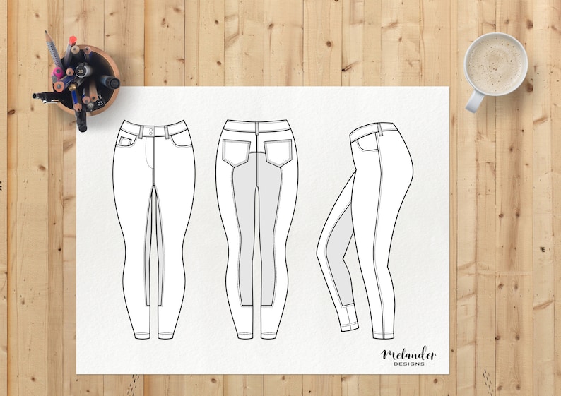 Riding breeches or leggings technical drawing with front, back and side views. 5-pocket jean style.