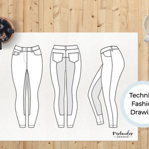 May include: Technical fashion drawing of a pair of pants with a front, back, and side view. The pants have a zipper and button closure, belt loops, and two front pockets. The pants are designed for riding.