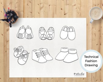 Technische Modezeichnungen einer Babyschuh und Booties Kollektion