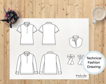 Dessin de mode technique pour chemise de concours équestre pour filles avec options