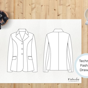 Op de afbeelding: Een technische modetekening van een blazer met een drieknoopsluiting, voorzakken en een split aan de achterkant. De tekening toont zowel de voor- als de achterkant van de blazer.
