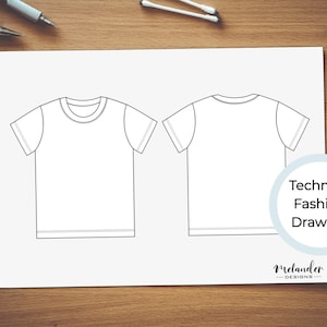 Pode incluir: Um desenho técnico de moda de uma camiseta, mostrando as vistas frontal e traseira. O desenho está em uma folha de papel branca com o texto "Technical Fashion Drawing" e "Melander Designs" escrito nela.