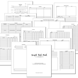 May include: A collection of white paper templates for fashion design, including worksheets for measurements, labels, and style sheets. The cover page reads "Simple Tech Pack - A Guide" by Esther Melander, The Organized Fashion Designer.