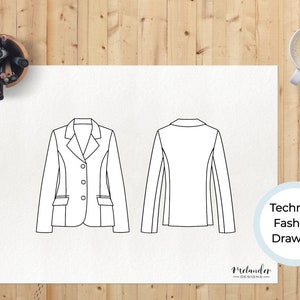 May include: A technical fashion drawing of a blazer with a three-button closure, long sleeves, and two pockets. The drawing shows the front and back views of the blazer.