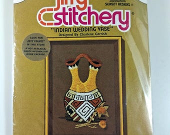 Vintage Jiffy Stitchery Crewel Embroidery Kit Indian Wedding Vase