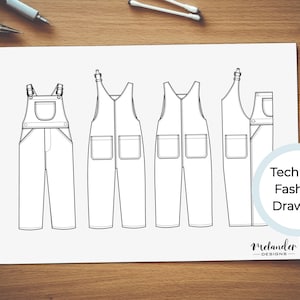 Könnte beinhalten: Technische Modezeichnung von vier verschiedenen Stilen von Latzhosen. Die Zeichnung ist auf weißem Papier mit dem Text "Technische Modezeichnung" und "Melander Designs" unten.