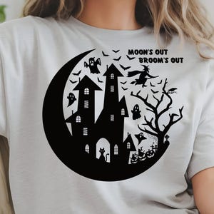Halloween Themed Gildan Unisex Soft style TShirt Moon&#39;s Out Broom&#39;s Out Graphic Tee Spooky Shirt Apparel Costume Party Gift Witch Lovers