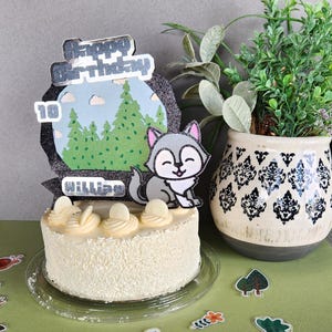 Könnte beinhalten: Ein runder weißer Kuchen mit einem dekorativen Aufsatz mit einem Cartoon-Wolf und den Worten "Happy Birthday" und "William". Der Kuchen ist mit weißen Streuseln und Zuckergusswirbeln verziert. Eine Topfpflanze befindet sich im Hintergrund.