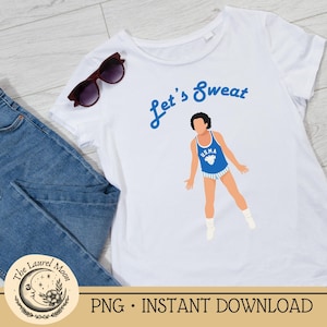 Puede incluir: Camiseta blanca con el texto azul "Let's Sweat" y un gráfico de una persona con un atuendo deportivo azul y blanco. Un par de gafas de sol descansa sobre la camiseta. Se ven unos vaqueros azules en el lado izquierdo de la imagen.
