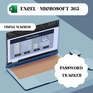 Könnte beinhalten: Ein Laptop zeigt eine Excel-Tabelle mit einer Passwort-Tracker-Oberfläche. Der Bildschirm zeigt Felder für Benutzernamen, Passwörter und Sicherheitsfragen. Die Tastatur ist orange, und der Text "PASSWORD TRACKER" ist sichtbar.