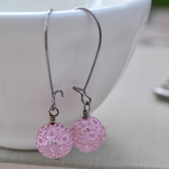 Pastel Pink Carved Lucite Earrings Gunmetal Kidney Wire Etsy