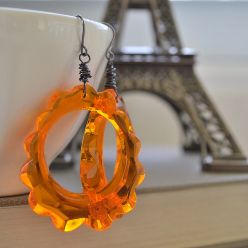 Orange Lucite Scalloped Earrings Hipster Vintage Pendant Etsy