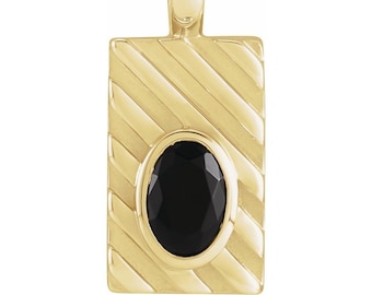 May include: Gold pendant with a black oval gemstone set in a textured rectangular frame.