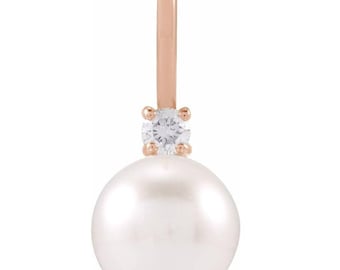 14K イエロー養殖ホワイトアコヤ真珠 & 0.03 CT 天然ダイヤモンドチャーム/ペンダント 14K ソリッドゴールド ローズ、イエロー、ホワイトゴールドのオプションあり