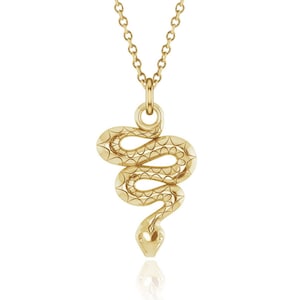 May include: A gold snake pendant necklace with a detailed textured design. The snake is coiled and has a raised head.