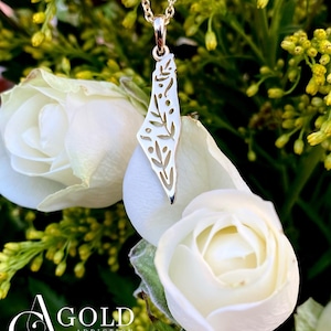 14k Solid Gold Palästinenser Halskette Olivenzweig Anhänger Palästina Karte 14KW 14KR 14KY Sterling Silber Islamisches Geschenk Westjordanland Frieden Anhänger
