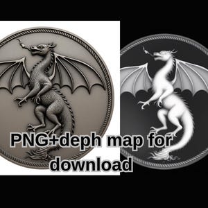 Medieval Dragon Relief PNG + Depth Map | 3D Model Coin Style Emblem for CNC, Laser Engraving, 3D Printing, Digital Art