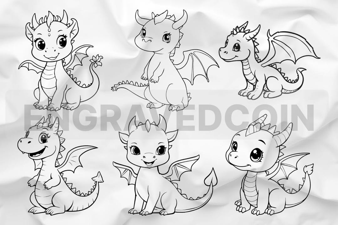 Set of Cute Baby Dragon Svg & PNG Files, Fantasy Dragon Outline Clipart ...