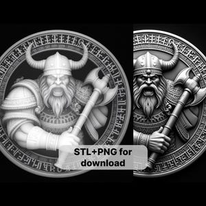 Puede incluir: Un modelo impreso en 3D de un guerrero vikingo con barba y hacha, rodeado de un diseño circular de runas. El modelo está en escala de grises y parece ser una representación digital.