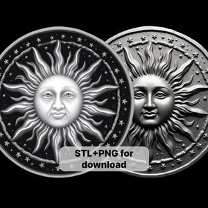 May include: A 3D printed model of a sun with a human face, surrounded by stars. The model is available for download in STL and PNG formats.