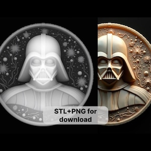 Op de afbeelding: Een 3D-geprint model van Darth Vaders hoofd, met een gedetailleerde achtergrond van sterren en planeten. Het model is in een wit en grijs kleurenschema, en de achtergrond is in een zwart en wit kleurenschema. STL+PNG om te downloaden.