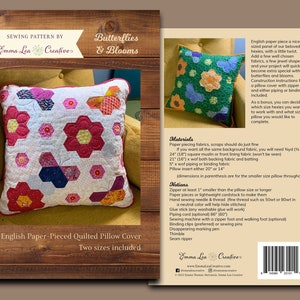 Könnte beinhalten: Nähmuster für einen gesteppten Kissenbezug mit Schmetterlingen und Blüten. Das Muster enthält Anleitungen für zwei Größen, einen Reißverschluss und entweder Paspel oder Einfassung. Das Muster ist von Emma Lea Creative.