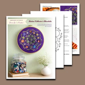 May include: A purple embroidery hoop featuring a button mandala design, with a variety of colorful buttons arranged in a floral pattern. The text "Button Collector's Mandala" is visible. A glass jar filled with buttons and a small vase with white flowers are also present.