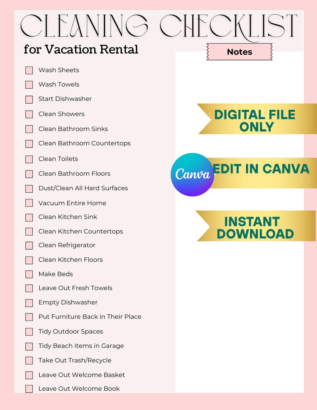 Airbnb Cleaning Checklist Vacation Rental Editable Canva Template