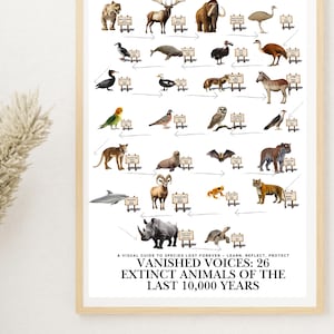 Könnte beinhalten: Ein gerahmter Druck mit Illustrationen von 26 ausgestorbenen Tieren, jeweils mit Namen versehen. Der Druck enthält den Text "Vanished Voices: 26 Extinct Animals of the Last 10,000 Years" als visuelle Anleitung.