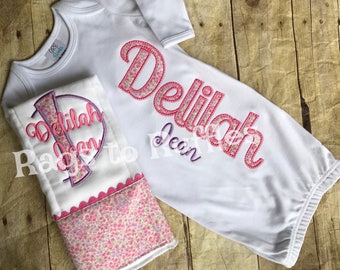 Baby Girl Monogrammed Gown- Baby Girl Coming Home Outfit - Newborn Girl Personalized Baby Gown- Monogrammed Burp Cloth