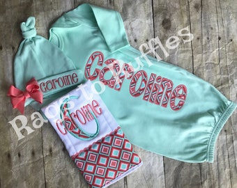 Baby Girl Monogrammed Gown- Baby Girl Coming Home Outfit - Newborn Girl Personalized Baby Gown- Monogrammed Burp Cloth