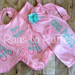 Baby Girl Coming Home Outfit- Infant Personalized Gown- Monogrammed Baby Gown-Monogrammed Baby Blanket- Monogrammed Baby Bib- Burp Cloth
