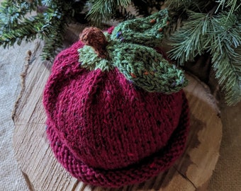 Red Apple Hat Hand-knit Irish Tweed 0-3 Mos-Adult