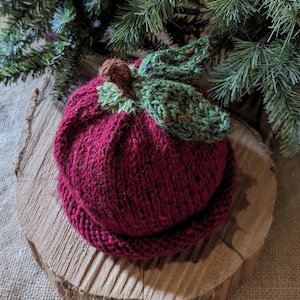 Red Apple Hat Hand-knit Irish Tweed 0-3 Mos-Adult