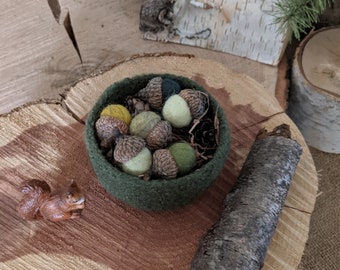 Felted Mini-bowl Set w/Six Acorns in Forest Floor Greens