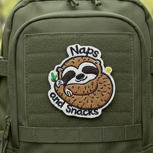 Naps and Snacks Sleeping Sloth Patch 3x3 Inch Embroidered Hook and Loop for Backpacks, Jackets and Gear