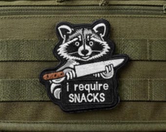 I Require Snacks Raccoon Patch 3x3 Inch Hook & Loop or Iron On Funny Morale Patch for Backpacks, Jackets, and Tactical Gear