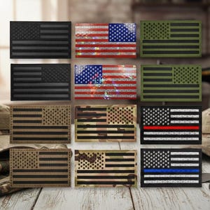 American Flag Patch, Reflective / Inferred, Tactical Camo, Black, Green, Tan, Thin Blue, Red Line