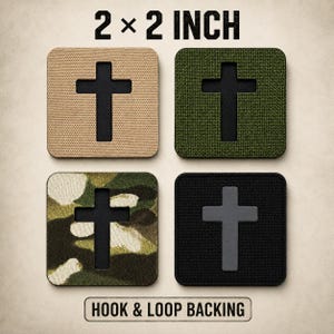 May include: Four square patches measuring 2 x 2 inches with hook and loop backing. Each patch features a cross design. The top left is tan, top right is olive green, bottom left is camouflage, and bottom right is black with a grey cross.