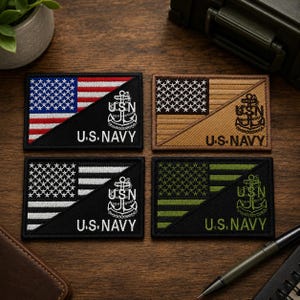 May include: Four rectangular embroidered patches featuring a split design with a flag pattern on the left and a U.S. Navy anchor emblem with the text U.S. NAVY on the right. The patches come in color combinations of red-white-blue, tan-brown, black-white, and olive green.