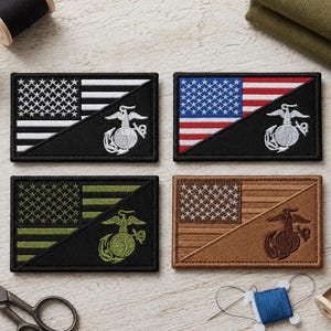May include: Four rectangular embroidered patches featuring a split design with a United States flag on the upper left and a United States Marine Corps Eagle, Globe, and Anchor emblem on the lower right, available in black and white, full color, olive, and tan.