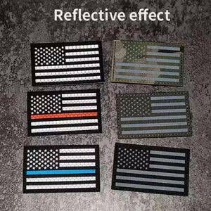 Reflective IR Flag Patch - Hook and Loop Backing for Bags Etc. - Camo/Green/Black/Blue Line/Red Line ~2x3.5 Inch