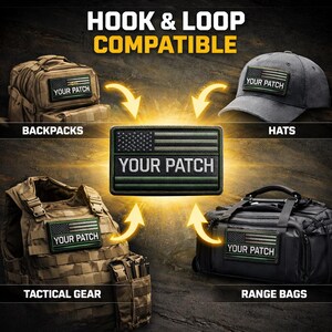 May include: A rectangular hook and loop compatible patch featuring a stylized American flag design with the text YOUR PATCH in white. The patch is shown attached to a backpack, a grey hat, a tactical vest, and a black range bag with yellow arrows.