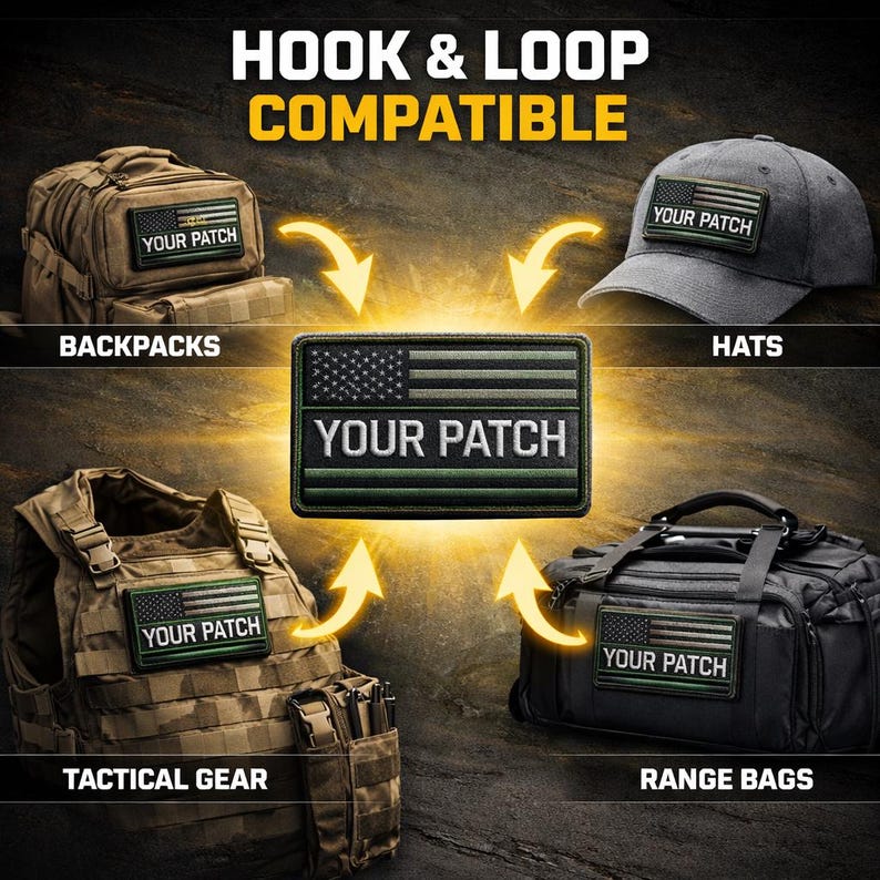 May include: A rectangular hook and loop compatible patch featuring a stylized American flag design with the text YOUR PATCH in white. The patch is shown attached to a backpack, a grey hat, a tactical vest, and a black range bag with yellow arrows.