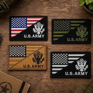 May include: Four rectangular embroidered patches featuring a diagonal split design. Each patch displays a U.S. flag motif on one side and the U.S. Army emblem with the text U.S. ARMY on the other. Colors include red, white, blue, olive green, tan, and black.