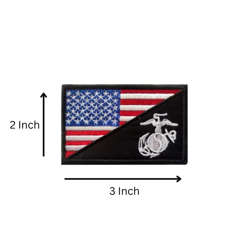May include: A rectangular embroidered patch featuring a split design with the American flag on the upper left and a black background with a white United States Marine Corps emblem on the lower right. The patch measures 2 inches by 3 inches.