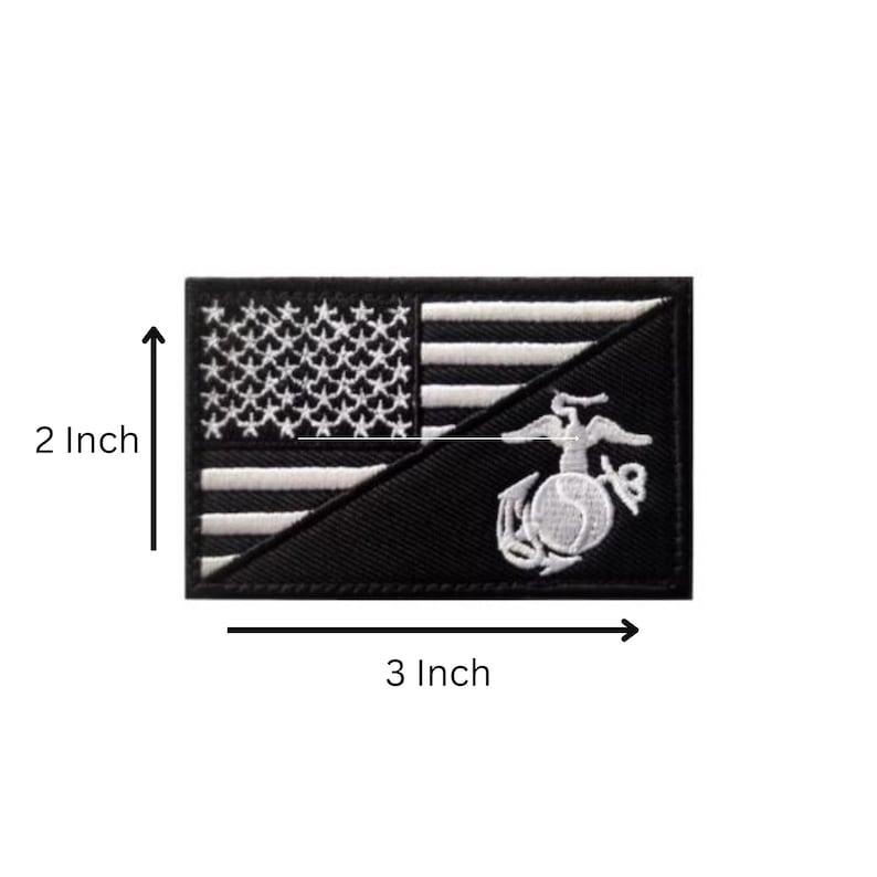 May include: A rectangular embroidered patch featuring a black and white American flag design split diagonally with the United States Marine Corps Eagle, Globe, and Anchor emblem. The patch measures 2 inches in height and 3 inches in width.
