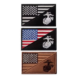 May include: Three rectangular embroidered patches featuring a split design. Each patch displays a United States flag on the left and a United States Marine Corps Eagle, Globe, and Anchor emblem on the right. The top patch is black and white, the middle is full color, and the bottom is brown.