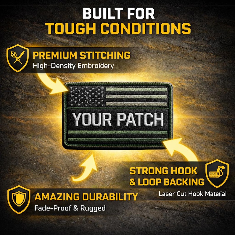 May include: A rectangular tactical patch featuring an American flag design in olive green and black tones with the text YOUR PATCH in white. The patch is surrounded by text labels highlighting features: BUILT FOR TOUGH CONDITIONS, PREMIUM STITCHING, HIGH-DENSITY EMBROIDERY, AMAZING DURABILITY, FADE-PROOF & RUGGED, STRONG HOOK & LOOP BACKING, and LASER CUT HOOK MATERIAL.